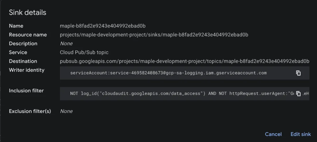 The Sink details modal showing the destination and the writer identity serviceAccount:service-…@gcp-sa-logging.iam.gserviceaccount.com with a copy button.
