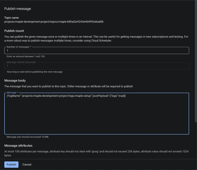 The Publish message panel with the test message body pasted into Message and the Publish button.