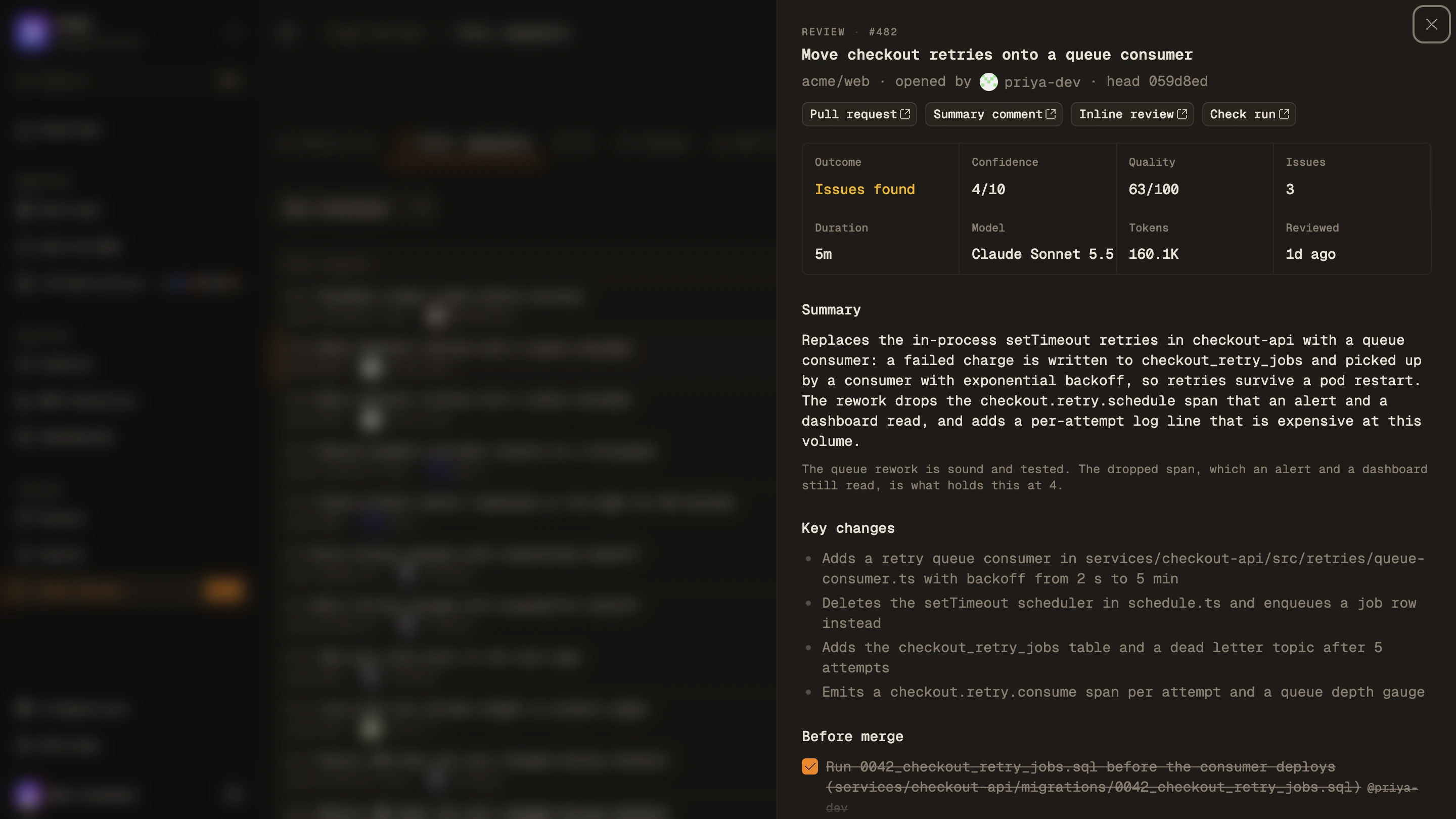 A pull request's review sheet: outcome, confidence, quality, summary, key changes and before-merge steps